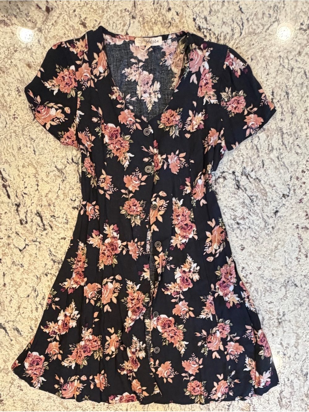 Rewind Black Floral Button Front Boho Mini Dress Size Small